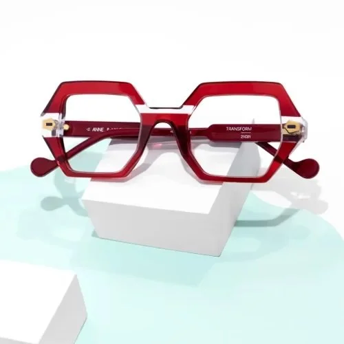 Anne et Valentin red octagon-shape eyeglasses, hand-made in France, carried at Gazal Eyecare
