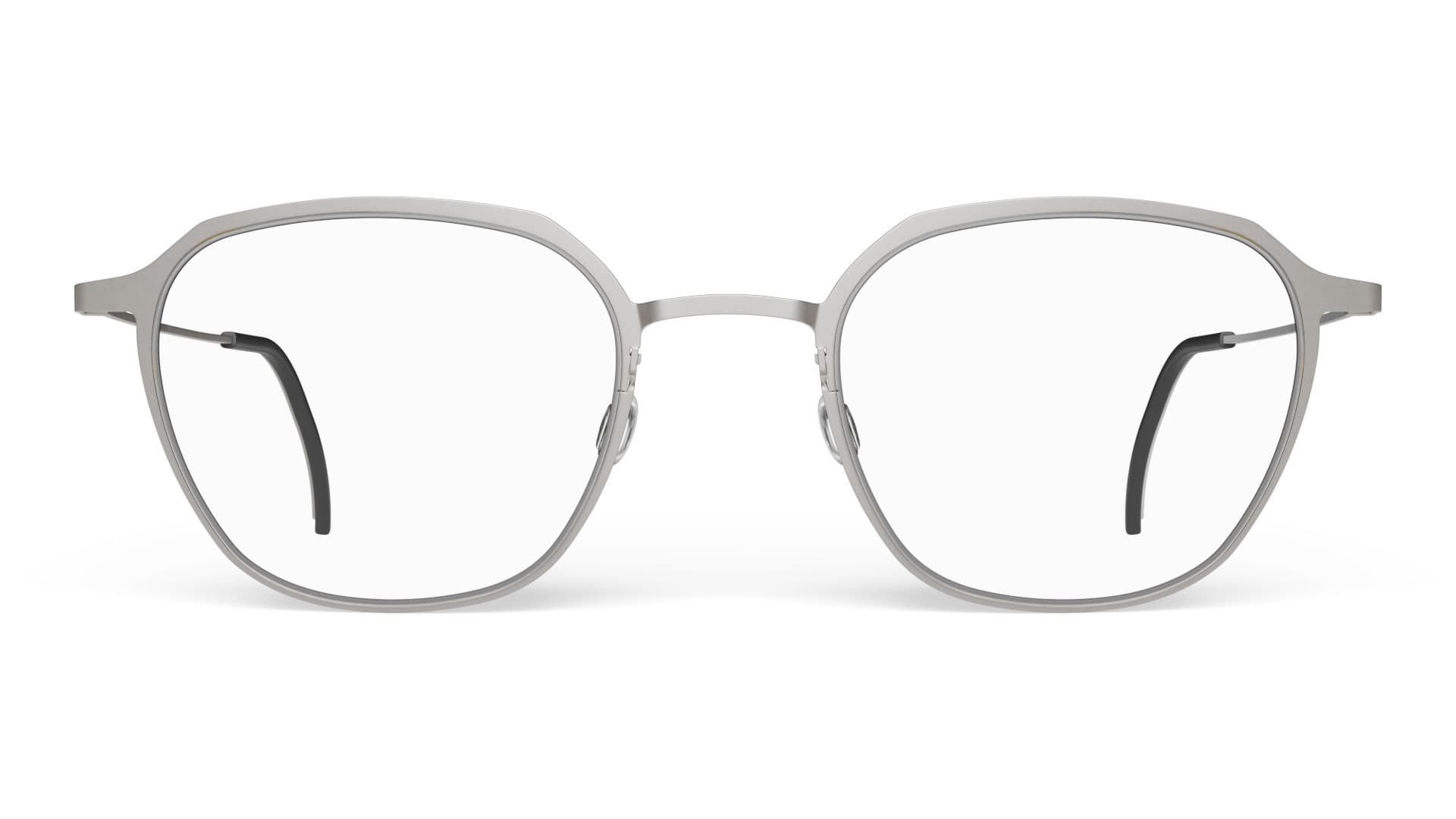 LINDBERG Blok titanium optical frame in brushed silver, straight-on front view on a white studio background, carried at Gazal Eyecare in Roswell, GA
